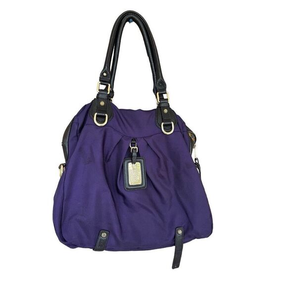 JPK Womens Purple Gold Tone Nylon Top Zip Closure Leather Double Handle Handbag - Picture 1 of 11
